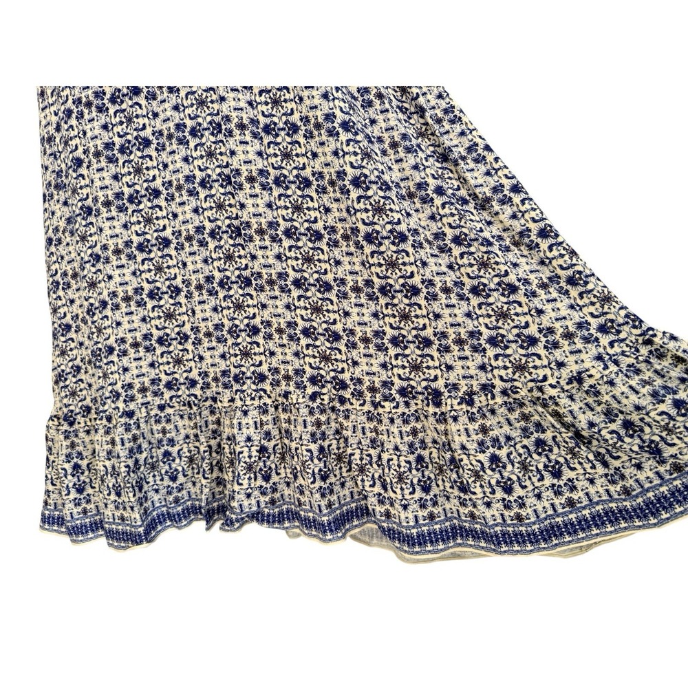Boho Maxi Dress L Blue White Floral Deep V Empire Waist Cottagecore Vacation - Picture 5 of 10